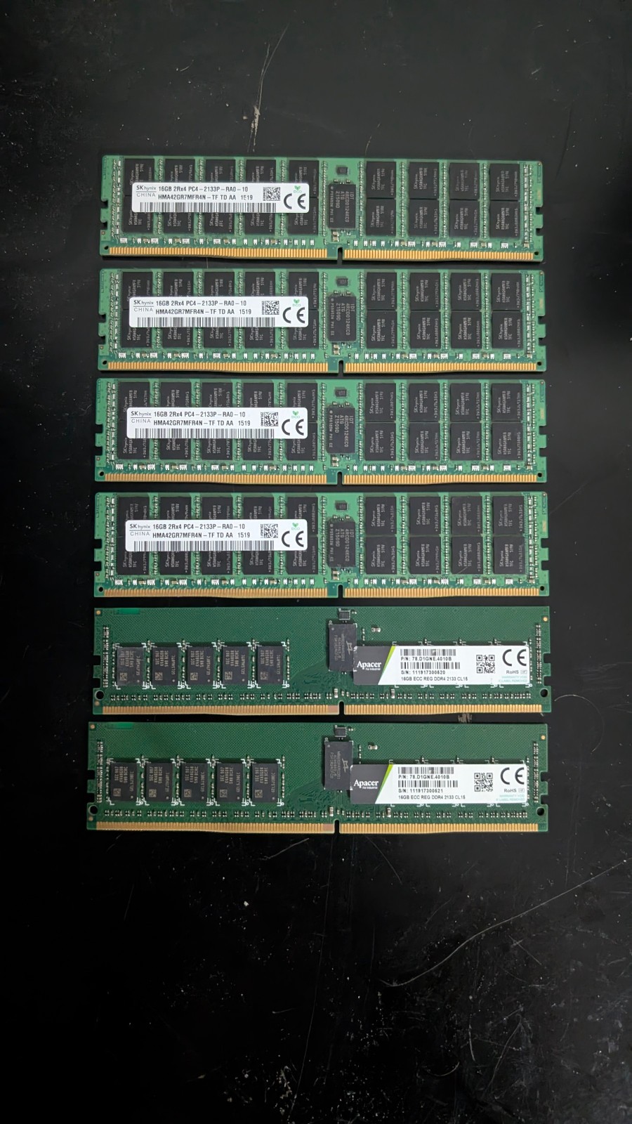96GB Lot (6x16GB) DDR4-2133 ECC RDIMM Server RAM - SK Hynix & Apacer