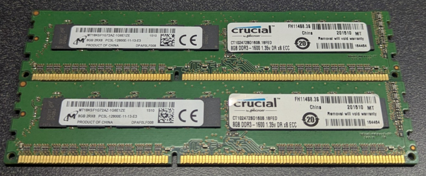 Micron 16GB Kit 2x8GB DDR3L 1600MHz PC3L-12800E ECC Unbuffered Workstation RAM