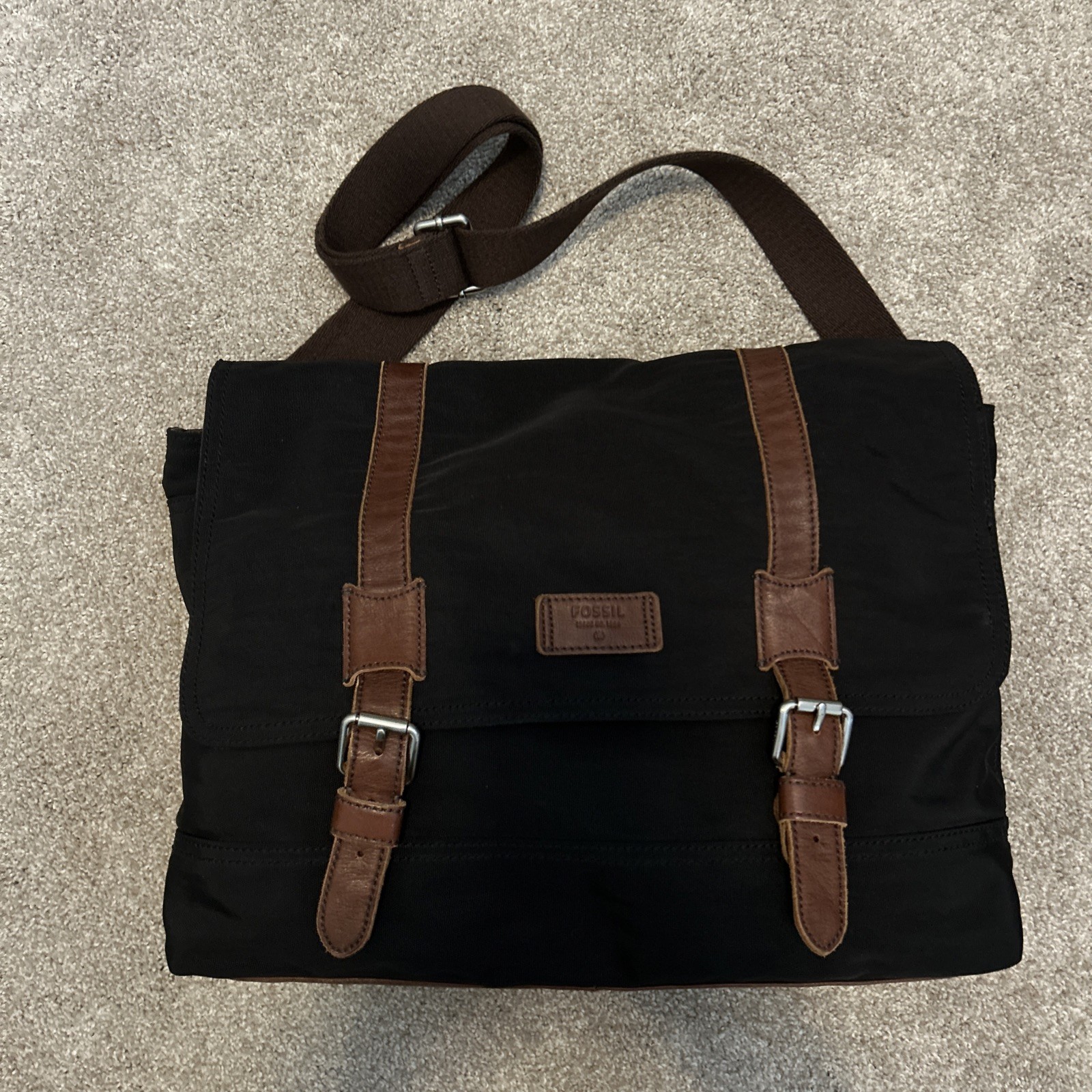 Vintage Fossil Leather Nylon Commuter Crossbody Messenger Bag Flap Top Soft