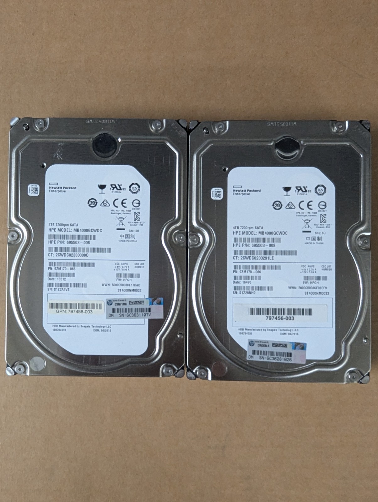 Lot of 2 HP 4TB / 128MB SATA 7.2K RPM 3.5