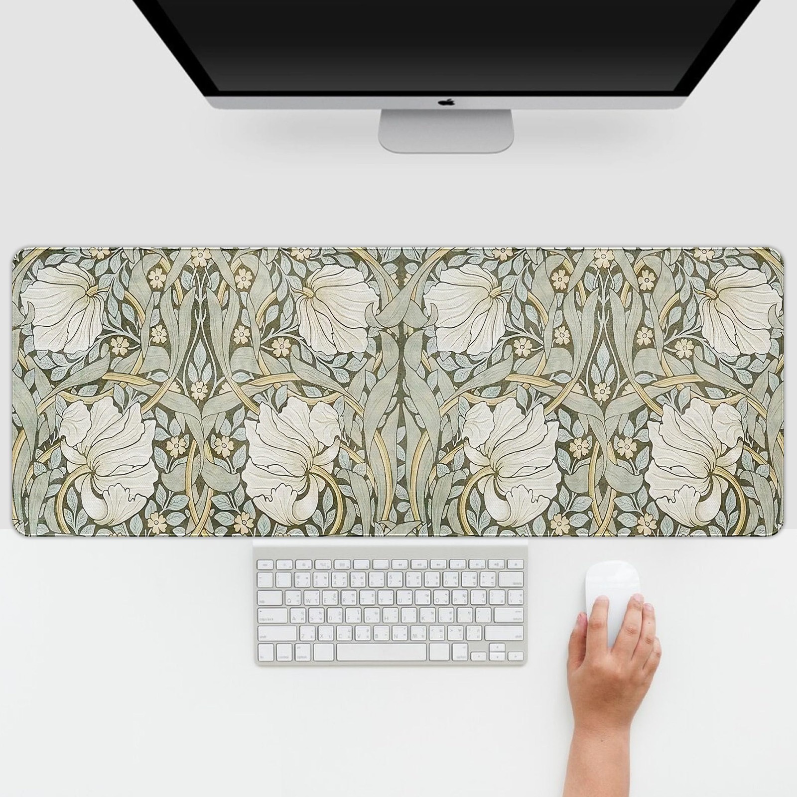 Green Boho Pad Large, Vintage Flroal Desk Mat, Abstract Flroal Large Gaming M...