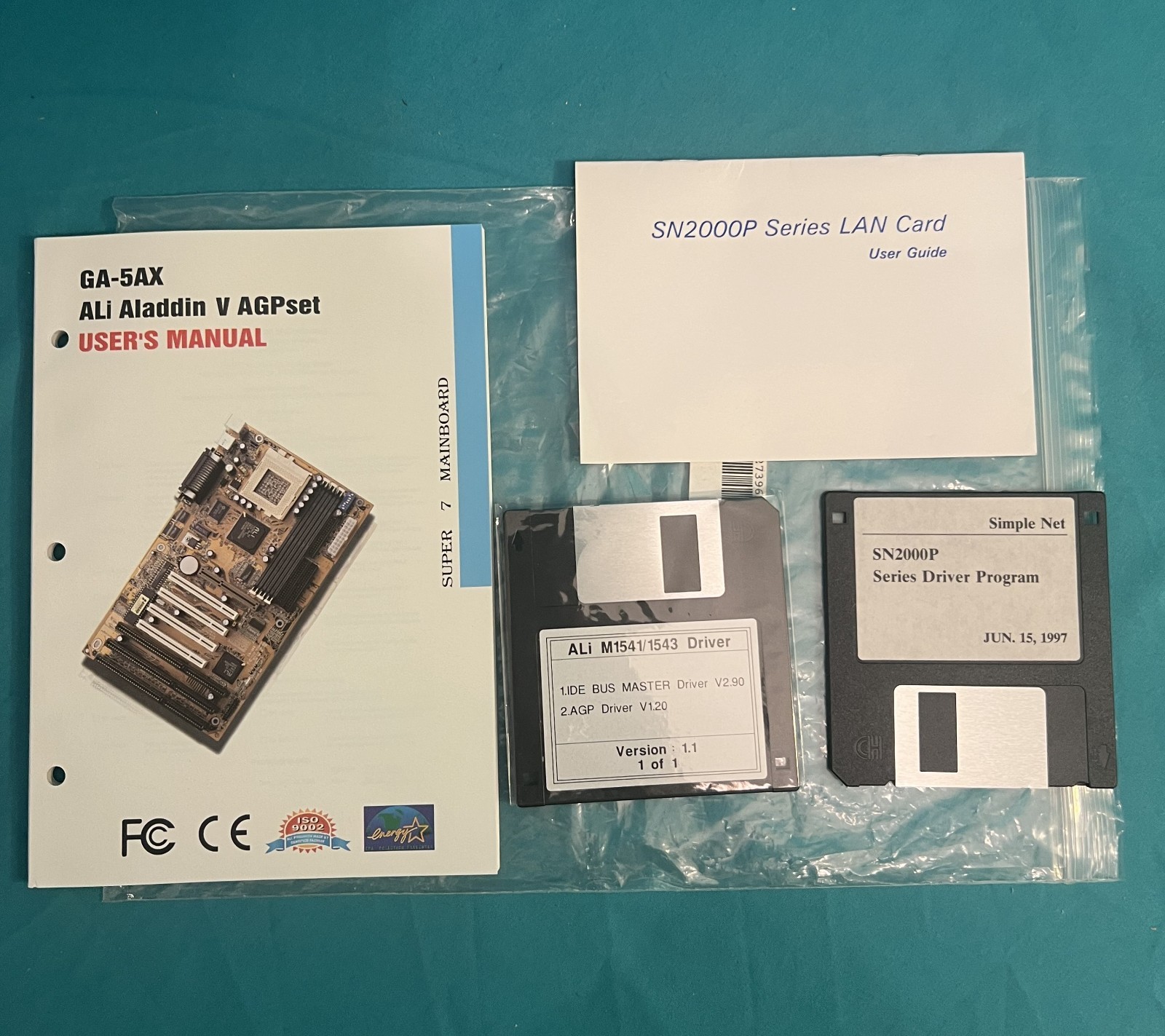 Vintage GA-5AX ALi Aladin & SN2000P  LAN Card Manuals & Driver Floppies Lot