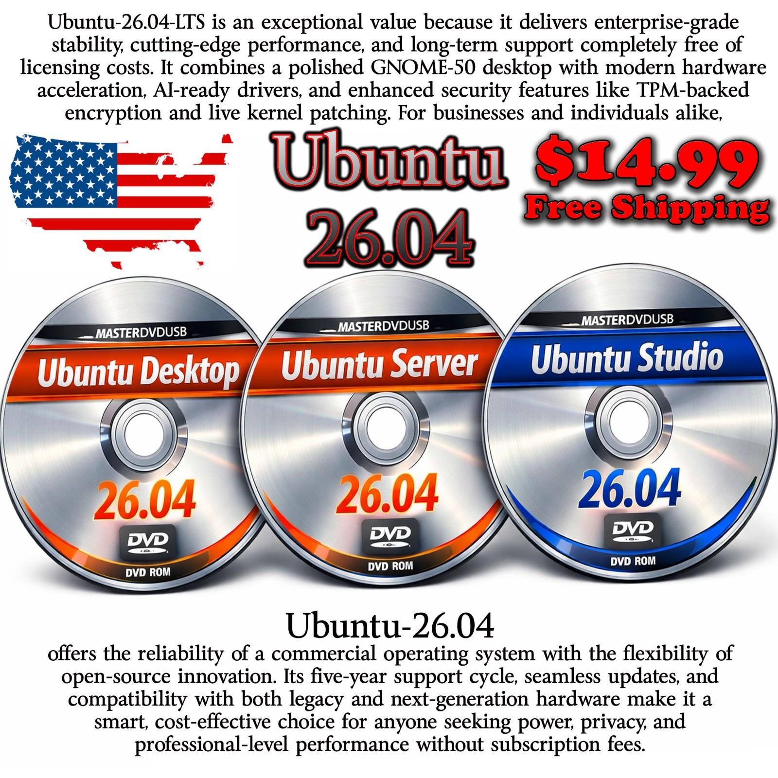 Ubuntu 26.04 LTS – 3 DVD Set Desktop - Server - Studio Edition - Grade AAA+ Ubuntu 26.04 LTS – 3 DVD Set Desktop - Server - Studio Edition - Grade AAA+