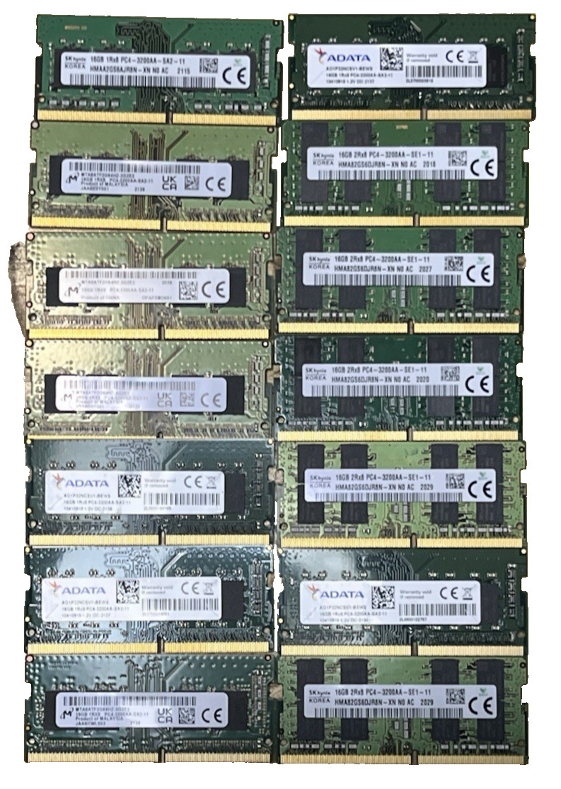 LOT OF 14 Mixed Major Brand 16GB DDR4 3200MHz PC4 SODIMM Laptop Memory RAM