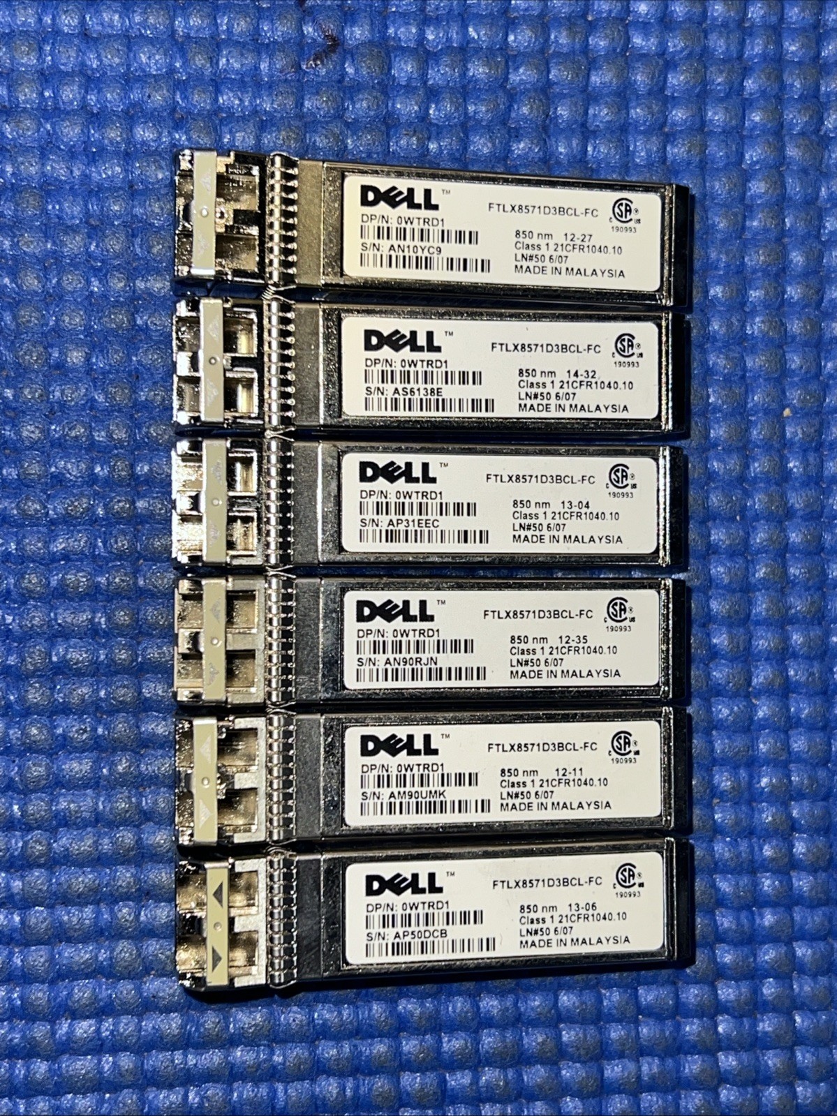 Lot of (6) Dell FTLX8571D3BCL-FC 10 Gigabit SFP+ Transceiver 10GBase-SR 0WTRD1