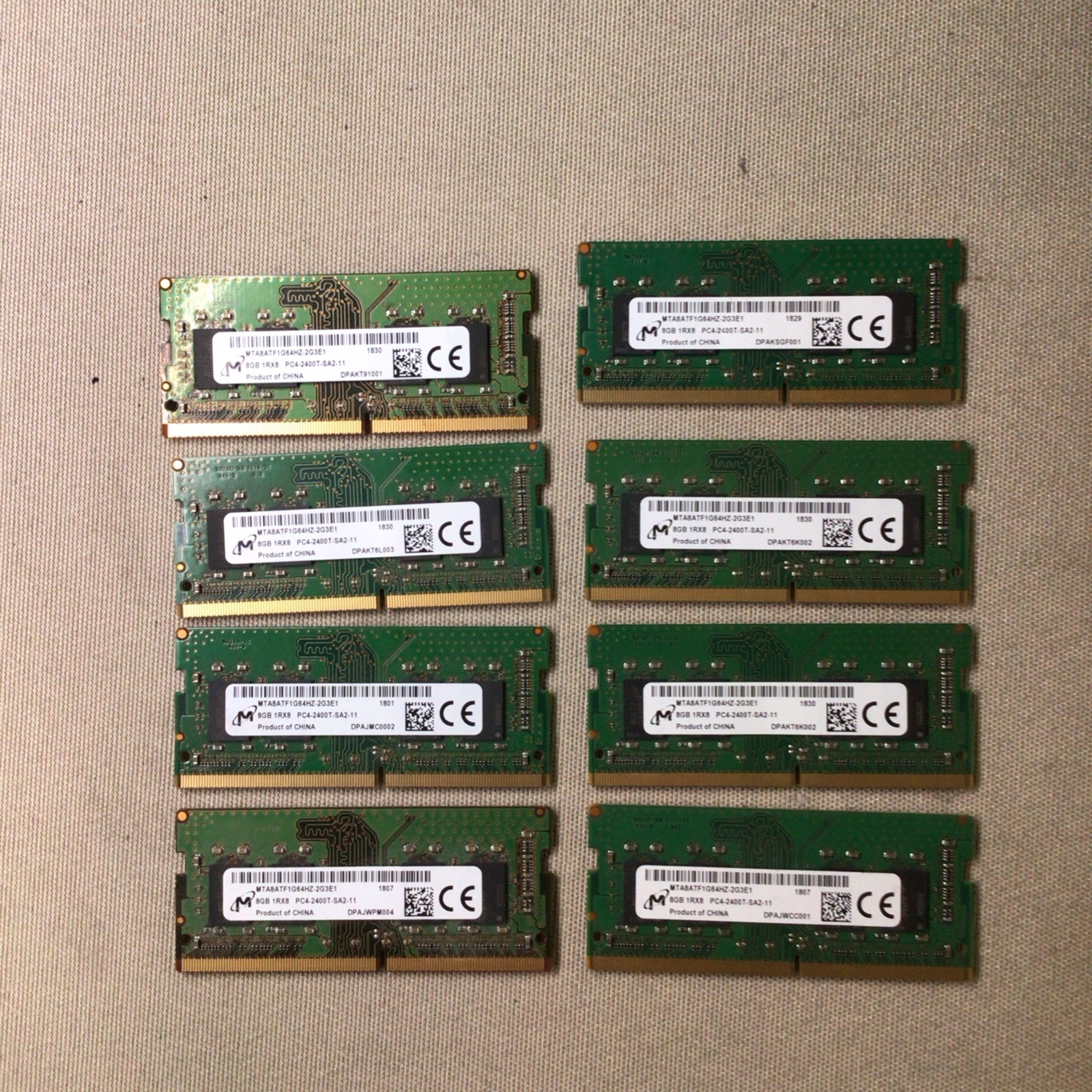 Lot of 8- Micron 8GB  DDR4 RAM 1RX8 PC4-2400T MTA8ATF1G64AZ-2G3E1