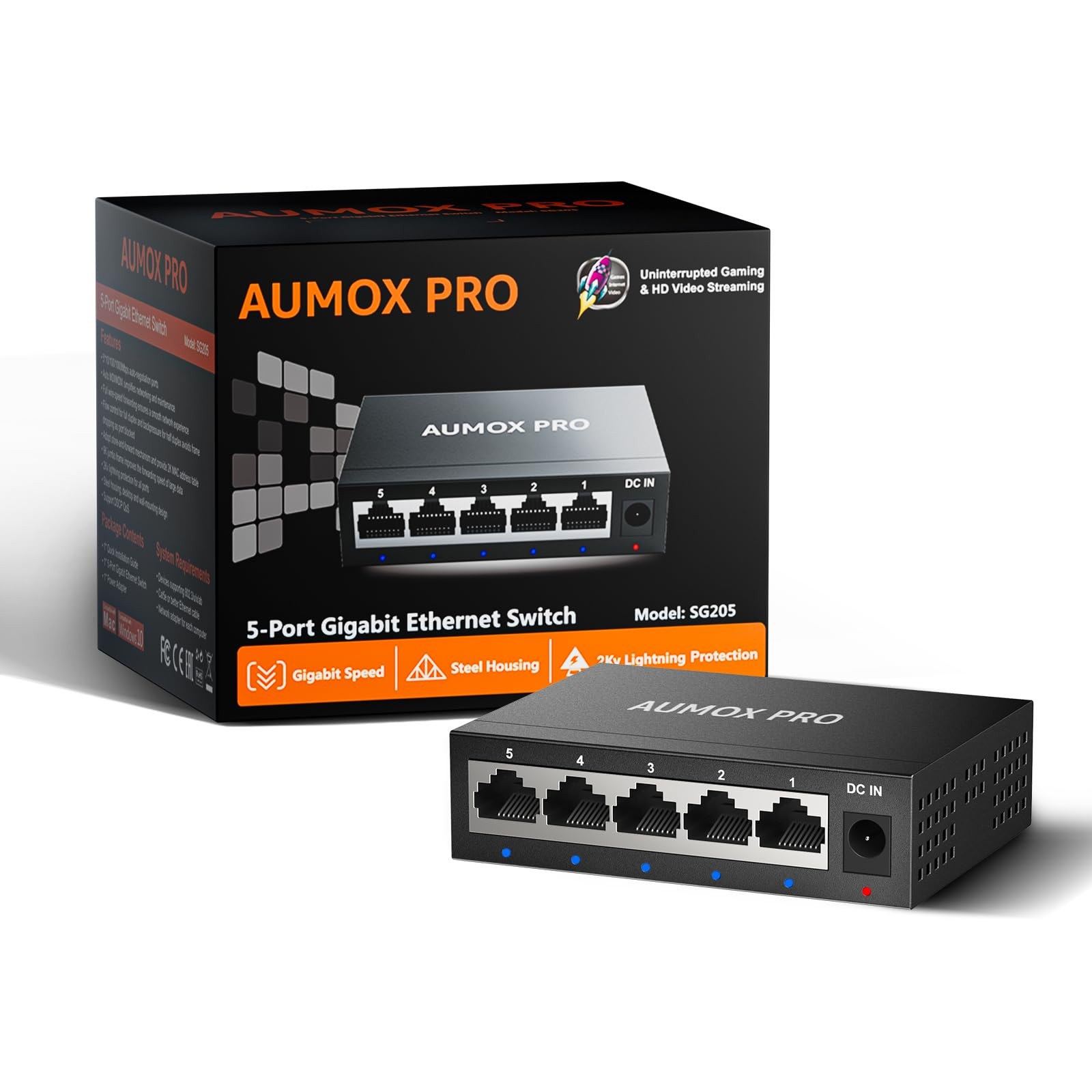 5 Port Gigabit Unmanaged Ethernet Switch, AUMOX PRO Home 5|5*1G Port, Black 5 Port Gigabit Unmanaged Ethernet Switch, AUMOX PRO Home 5|5*1G Port, Black