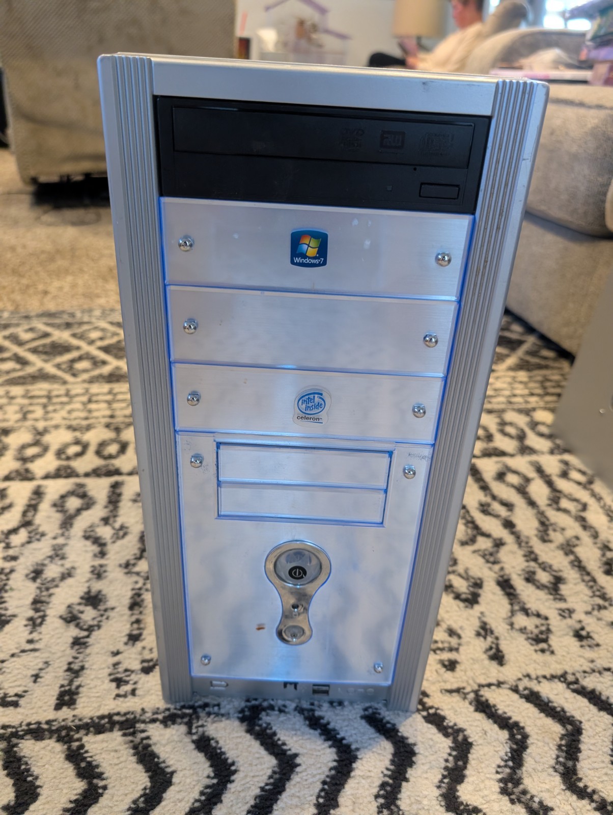Vintage Retro PC Tower Silver LED Case  Powers On  Large Power Button Lights Up