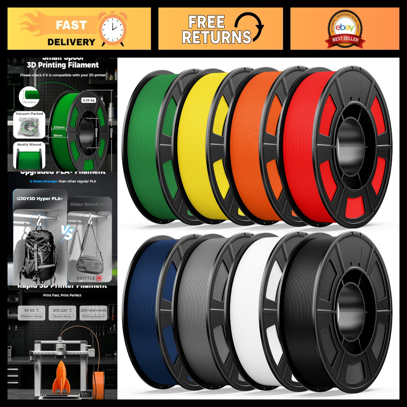 8 Color Bundle Hyper PLA+ 3D Printer Filament 1.75mm, Vacuum Packed, 0.25kg Spoo