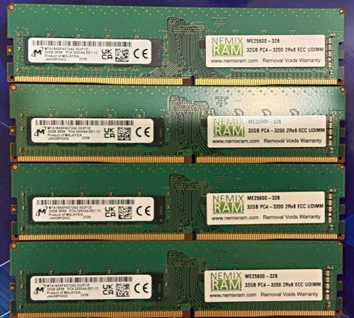 128GB 4x32GB DDR4-3200 PC4-25600 2Rx8 ECC Unbuffered Server Memory by NEMIX RAM