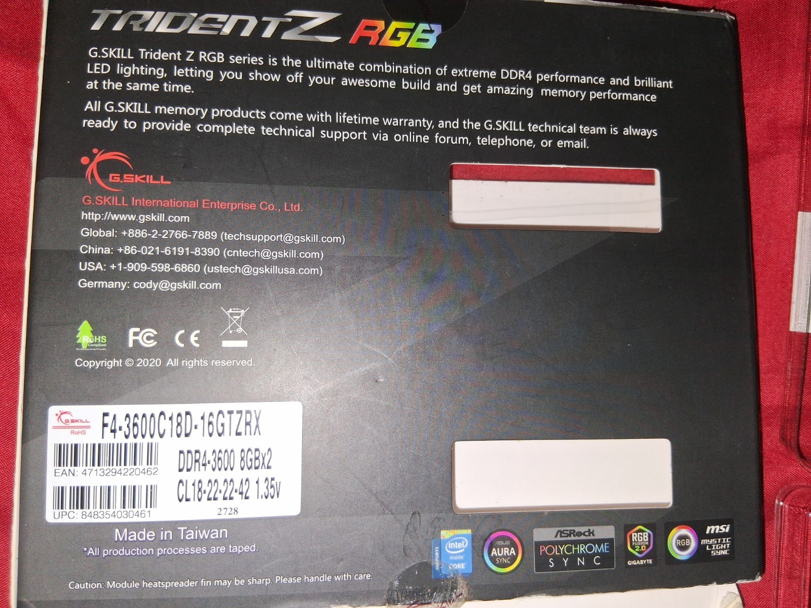 G.SKILL Trident Z RGB 32GB (4x8GB) DDR4-3600 DIMM XMP 2.0 F4-3600C18D-16GTZRX